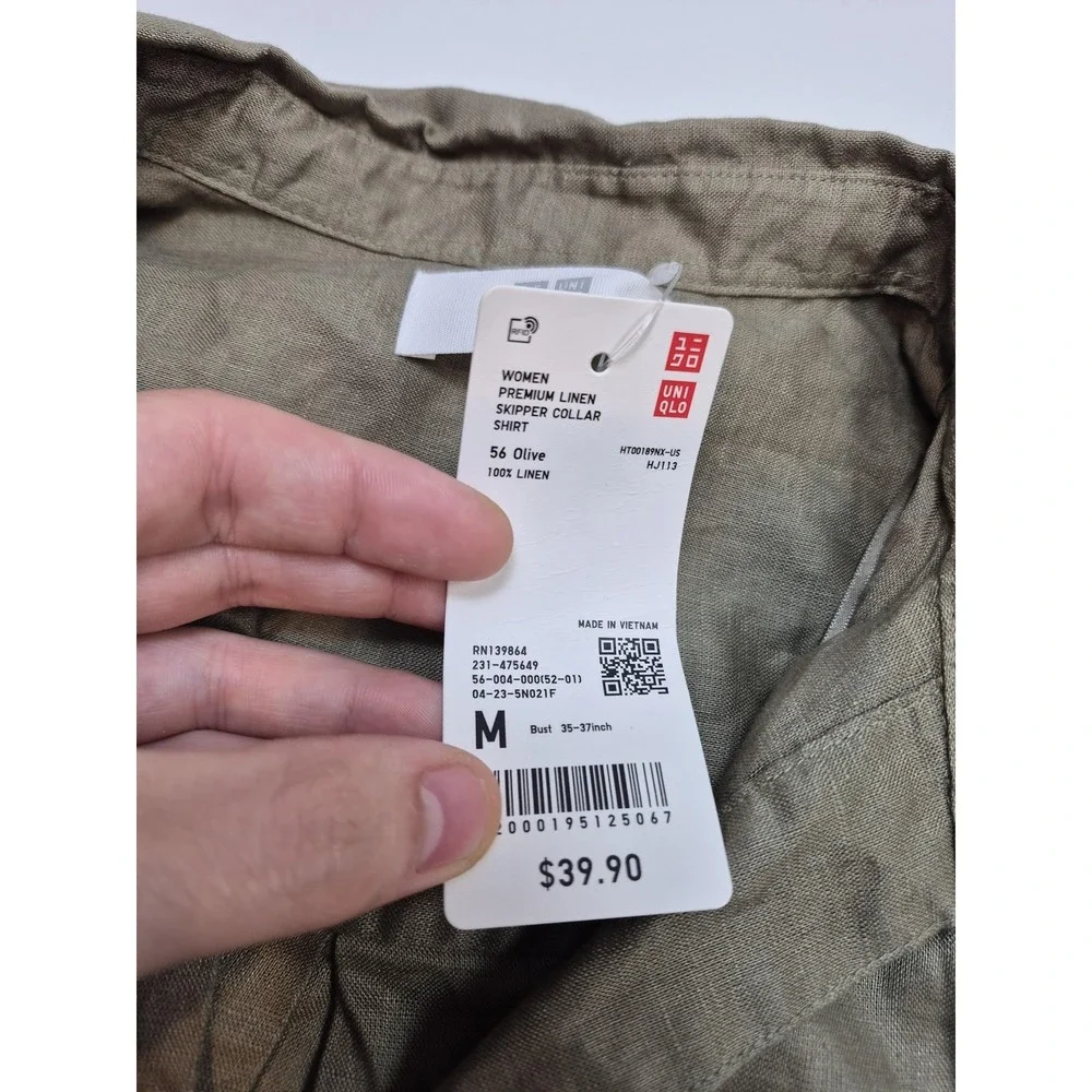 Uniqlo Shirt Womens Medium Green Linen Skipper Collar Pullover Top Long Sleeve - Picture 4 of 10